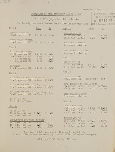 Price list of Hill evergreens for fall 1942