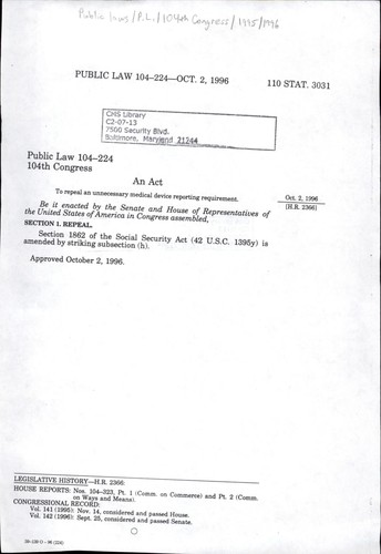An Act to Repeal an Unnecessary Medical Device Reporting Requirement