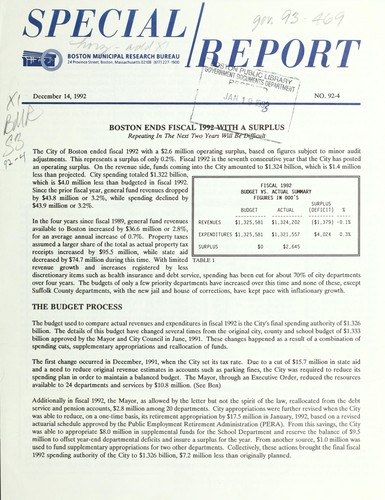 Boston ends fiscal 1992 with a surplus, repeating in the next two years will be difficult