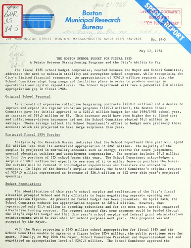 The Boston school budget for fiscal 1985