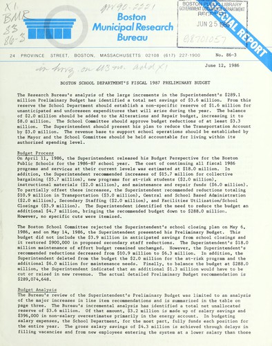 Boston school department's fiscal 1987 preliminary budget