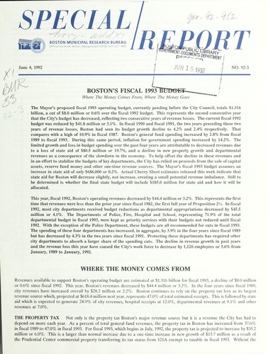 Boston's fiscal 1993 budget, where the money comes from, where the money goes