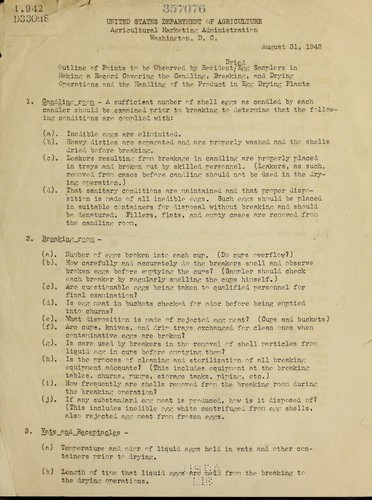 Outline of points to be observed by resident dried egg samplers in making a record covering the candling, breaking, and drying operations and the handling of the product in egg drying plants