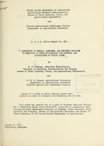 A comparison of Sebago, Cherokee, and Kennebec potatoes in relation to their suitability for shipping and manufacture of potato chips