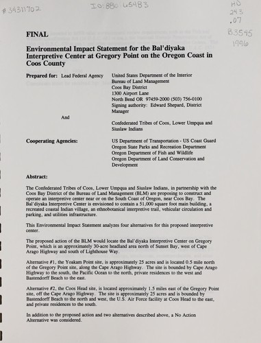 Final environmental impact statement for the Bal'diyaka Interpretive Center at Gregory Point on the Oregon coast in Coos County