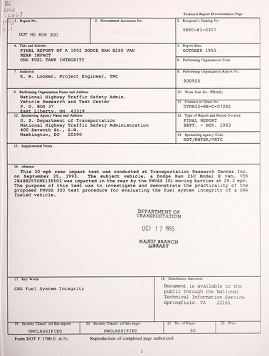 Final report of a 1992 Dodge Ram B250 van rear impact CNG fuel tank integrity