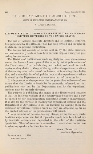 List of State Directors of Farmers' Institutes and Farmers' Institute Lecturers of the United States