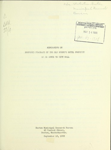 Memorandum on proposed purchase of the old young's hotel property as an annex to city hall