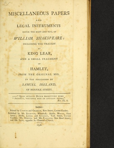 Miscellaneous papers and legal instruments under the hand and seal of William Shakespeare