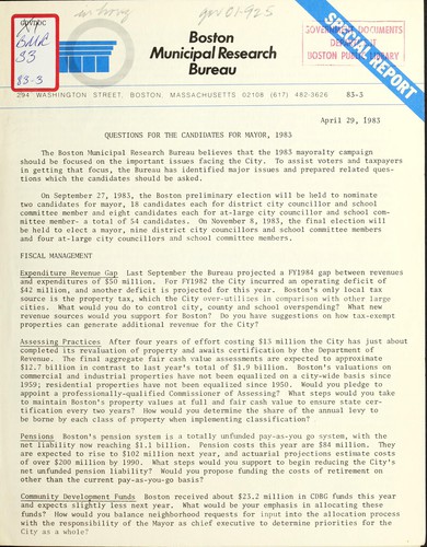 Questions for the candidates for mayor, 1983