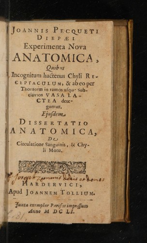 Experimenta nova anatomica, quibus incognitum hactenus chyli receptaculum, et ab eo per thoracem in ramos usque subclavios vasa lactea deteguntur. Ejusdem dissertatio anatomica, de circulatione sanguinis, et chyli motu