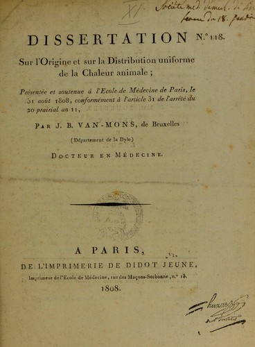 Dissertation sur l'origine et sur la distribution uniforme de la chaleur animale