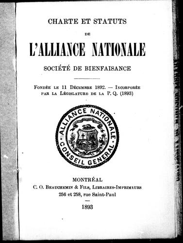 Charte et statuts de l'Alliance nationale, société de bienfaisance