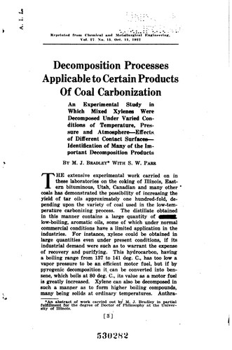 A Study of Decomposition Processes Applicable to Certain Products of Coal ...