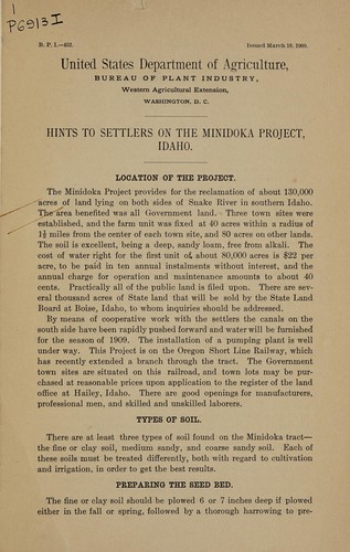 Hints to settlers on the Minidoka project, Idaho