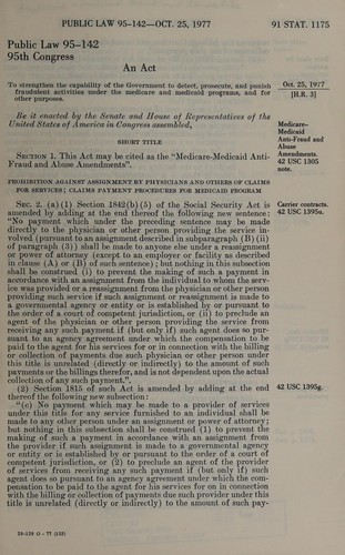 Summary of Medicare-Medicaid anti-fraud and abuse amendments, H.R. 3, 95th Congress, Public Law 95-142, and Medicare and Medicaid reimbursement for rural health clinic services, H.R. 8422 (H.R. 2504), 95th Congress, Public Law 95-210