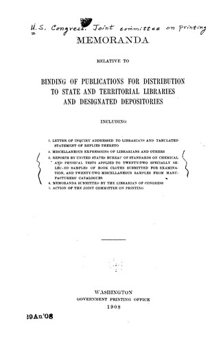 Memoranda relative to binding of publications for distribution to state and territorial libraries and designated depositories ..