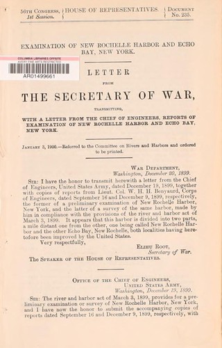 Letter from the Secretary of War transmitting, with a letter from the Chief of Engineers, reports of examination of New Rochelle Harbor and Echo Bay, New York